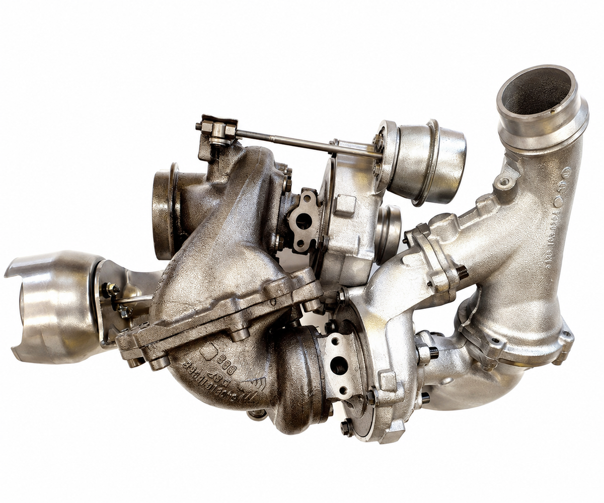 Gruppo biturbo BORGWARNER 10009700167 – vista 1. Immagine illustrativa ritoccata da fotografia; non documenta una lavorazione CMT. Acquistando una turbina singola viene fornito solo il componente selezionato.