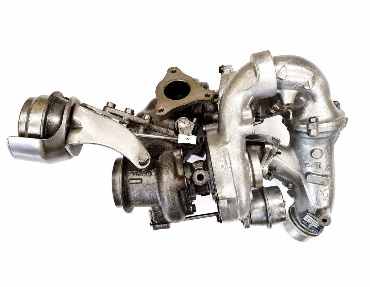 Gruppo biturbo BORGWARNER 10009700167 – vista 3. Immagine illustrativa ritoccata da fotografia; non documenta una lavorazione CMT.