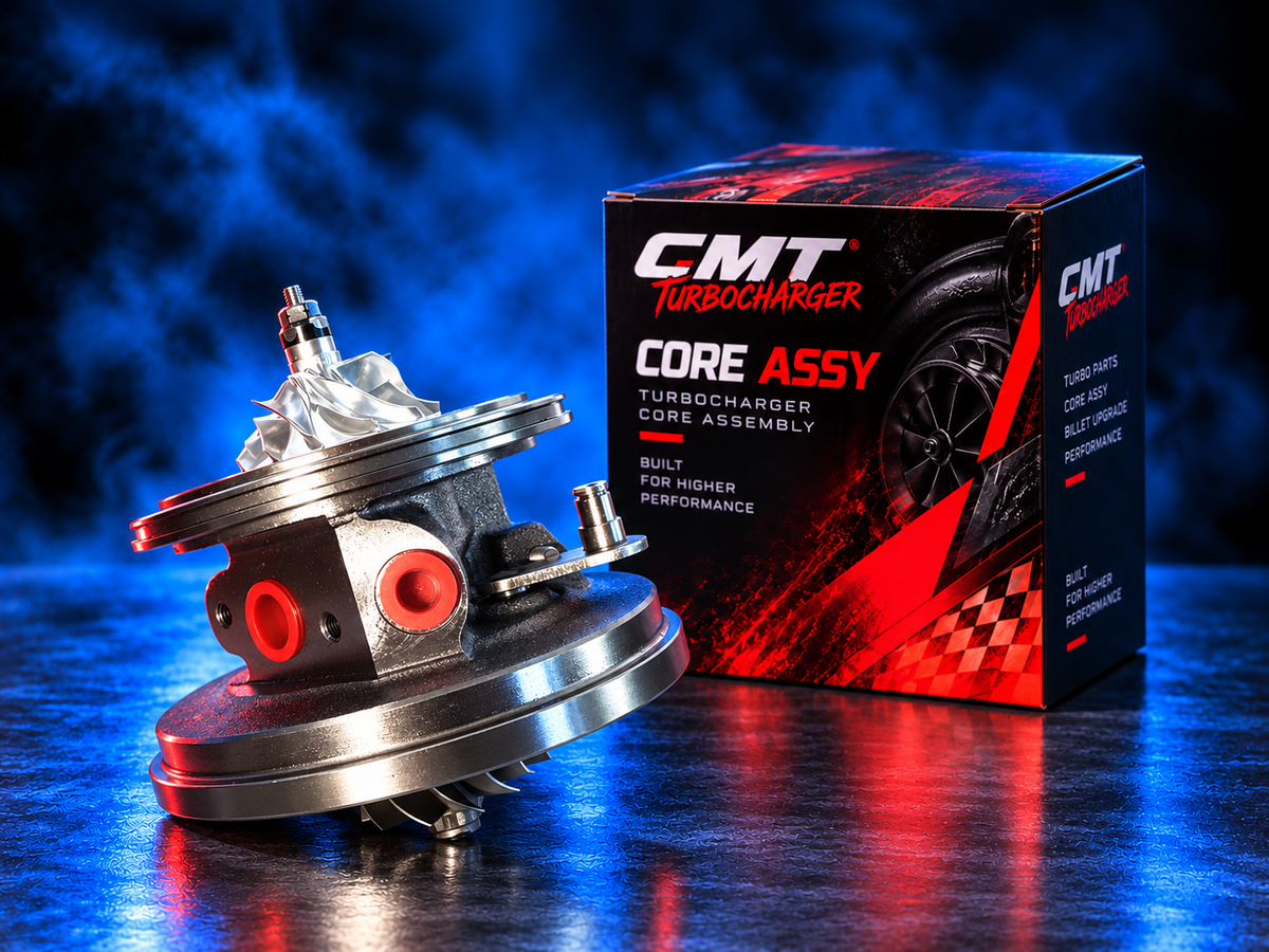 Core Assy CMT-CA-00001-B per turbo VW 04L253019A — Billet MFS, vista principale con confezione CMT Turbocharger; immagine ambientata illustrativa