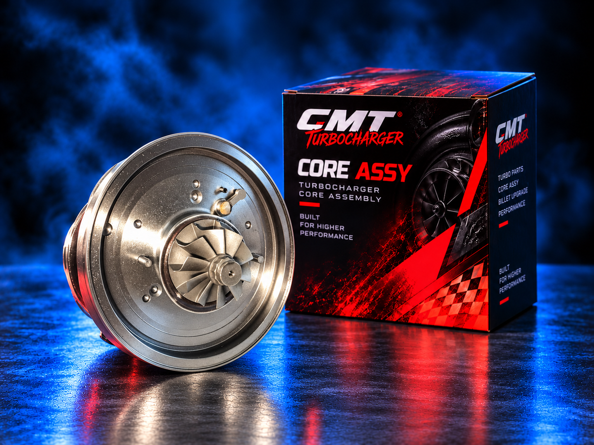 Core Assy CMT-CA-00001-B per turbo VW 04L253019A — Billet MFS, vista lato turbina con confezione CMT Turbocharger; immagine ambientata illustrativa